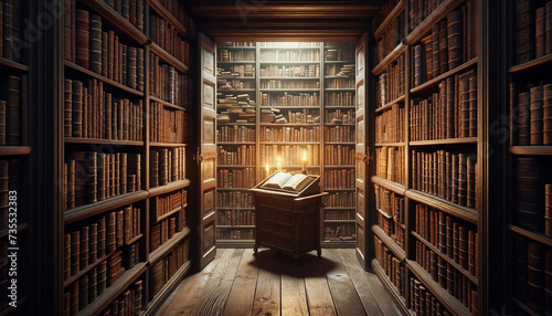 An image of a secret library hidden behind a moving bookcase, with a small room containing tall, crammed shelves of old books, a single desk with a lit candle, and an open ancient tome. Books in the l photo