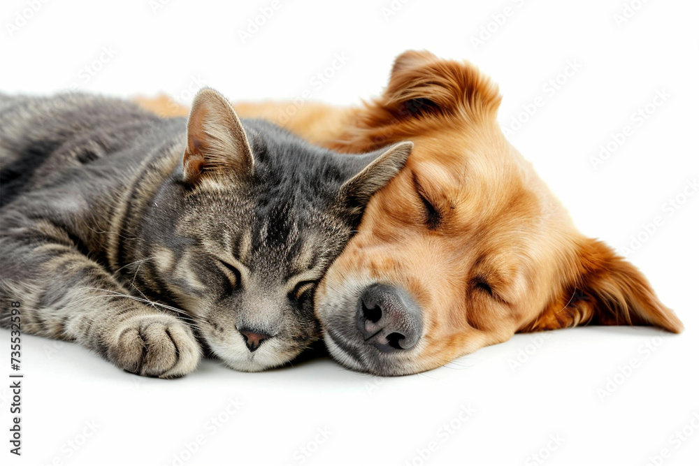 A serene tabby cat and golden retriever dog asleep side by side, symbolizing companionship and peace.