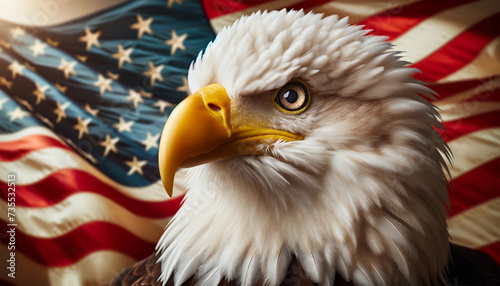 A close-up portrait of a bald eagle, highlighting its white-feathered head and yellow beak. An American flag flutters softly in the background, adding a patriotic touch to the scene. The image was cre