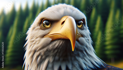 A close-up image of a bald eagle's face, highlighting its sharp beak and intense eyes against a blurred forest green background, created in a photorealistic style and landscape format. Bald eagle head