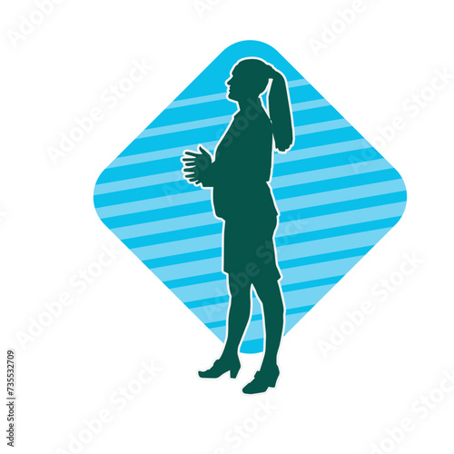 Silhouette of a secretary or female office worker wearing formal business suit.

