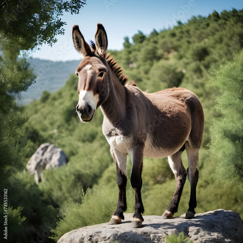 A formidable Donkey standing on a rock surrounded by trees and vegetation. Splendid nature concept. © Antonio Giordano