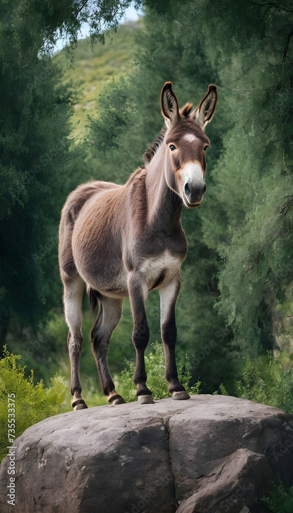 A formidable Donkey standing on a rock surrounded by trees and vegetation. Splendid nature concept.