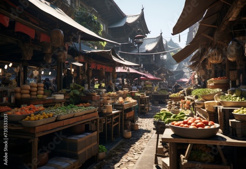 Bustling Market Full of Fresh Fruits and Vegetables