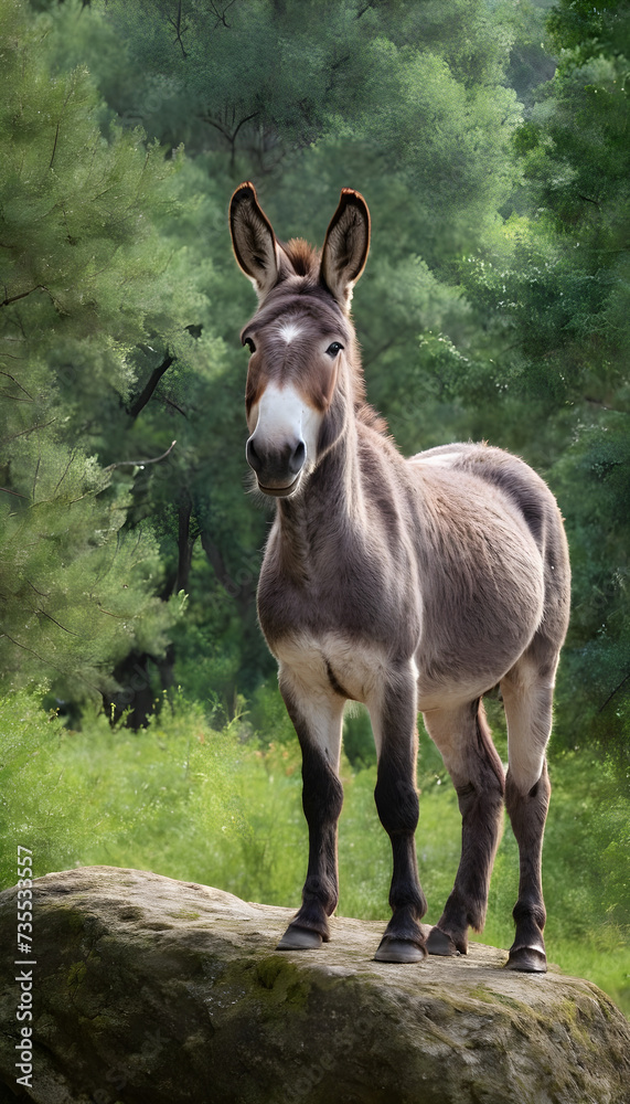 A formidable Donkey standing on a rock surrounded by trees and vegetation. Splendid nature concept.