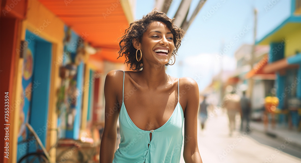 A cheerful woman enjoying a sunny day in a vibrant town. A cheerful woman enjoying a sunny day in a vibrant town.