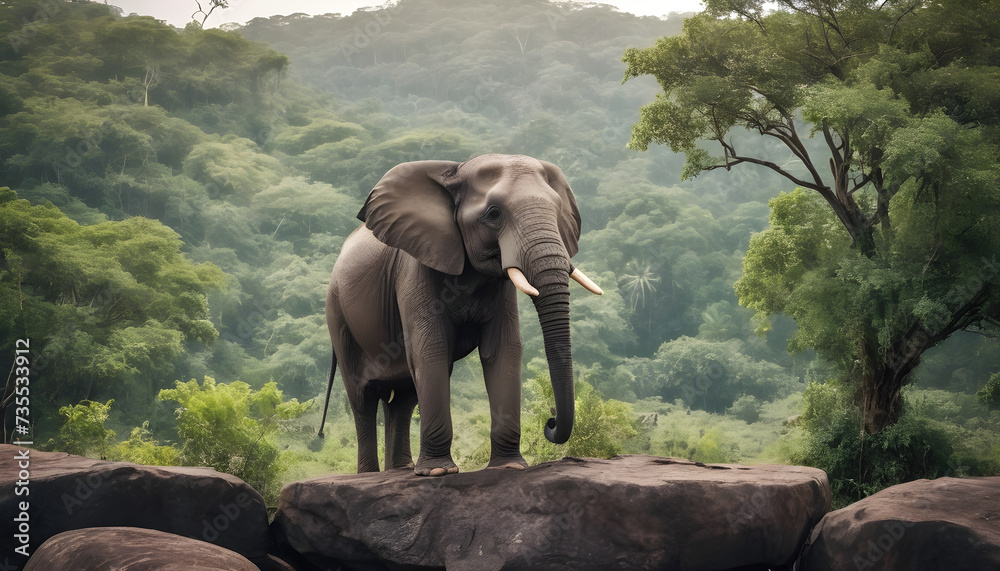 Obraz premium A formidable Elephant standing on a rock surrounded by trees and vegetation. Splendid nature concept.