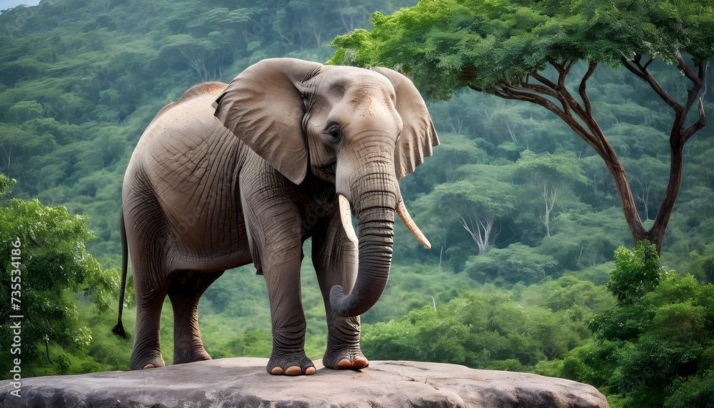 Fototapeta premium A formidable Elephant standing on a rock surrounded by trees and vegetation. Splendid nature concept.