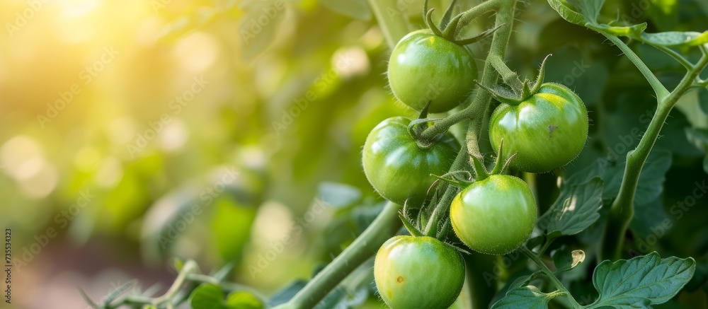 Fototapeta premium Lush, Fresh Green Tomatoes Ripening and Growing on Healthy Vine in Organic Garden