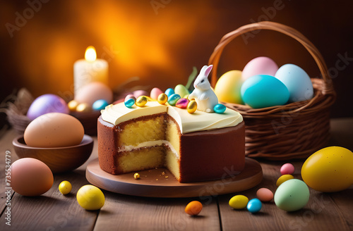 Big Easter cake with candied fruits and colored eggs on the table. Traditional Easter baking. Easter holiday. Close-up. With candles