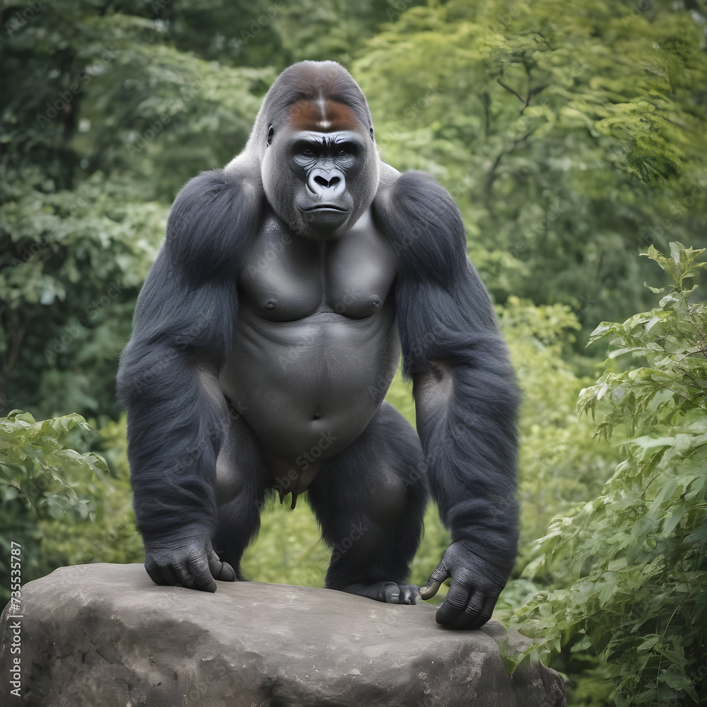 A formidable Gorilla standing on a rock surrounded by trees and vegetation. Splendid nature concept. A formidable Gorilla standing on a rock surrounded by trees and vegetation. Splendid nature concept.