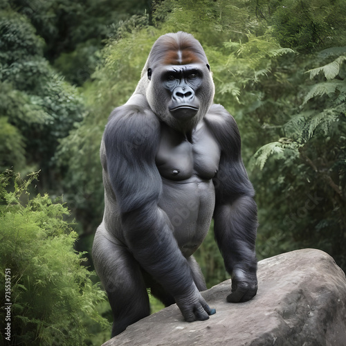 A formidable Gorilla standing on a rock surrounded by trees and vegetation. Splendid nature concept.