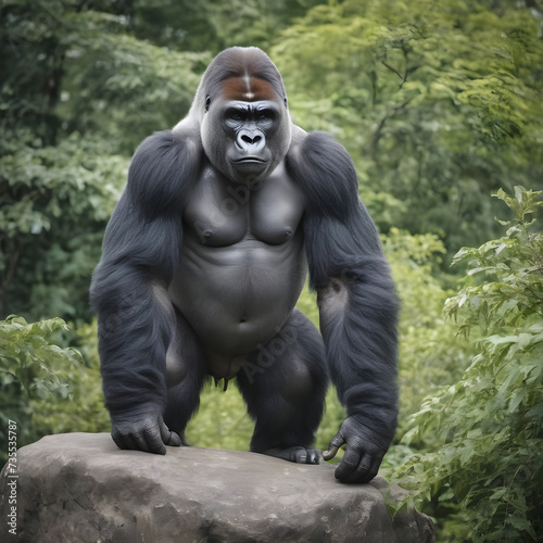 A formidable Gorilla standing on a rock surrounded by trees and vegetation. Splendid nature concept. © Antonio Giordano