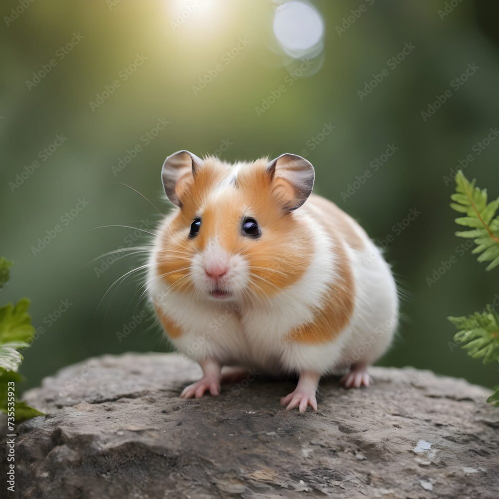 A formidable Hamster standing on a rock surrounded by trees and vegetation. Splendid nature concept.