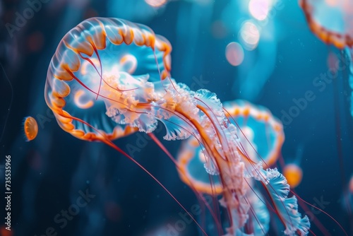 Ethereal dance of orange jellyfish, a mesmerizing underwater ballet in a cobalt sea.