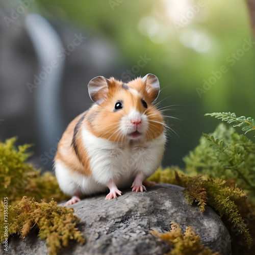 A formidable Hamster standing on a rock surrounded by trees and vegetation. Splendid nature concept.