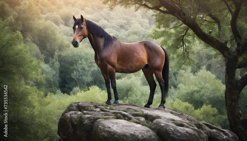 A formidable Horse standing on a rock surrounded by trees and vegetation. Splendid nature concept.