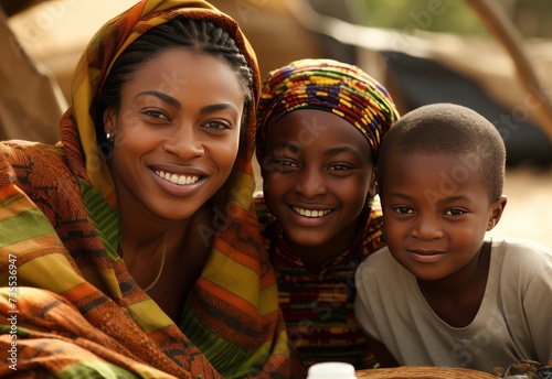 Smiling Woman and Two Children Posed for Camera photo