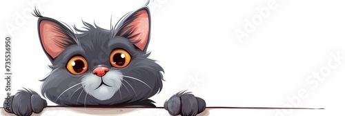 curious grey kitten with big orange eyes peeking over the edge  on a white background