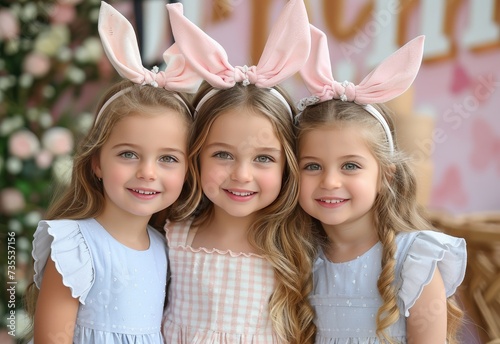 Three Little Girls Wearing Bunny Ears and Dresses