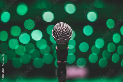Microphone On The Theater Stage Before The Concert With Green Blurred Lights