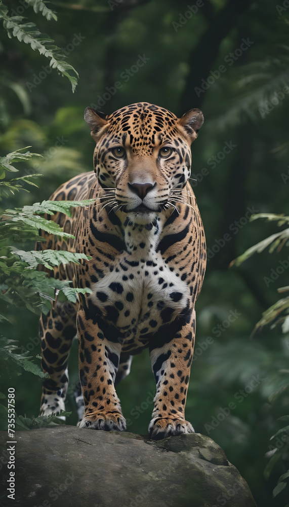 Obraz premium A formidable Jaguar standing on a rock surrounded by trees and vegetation. Splendid nature concept.