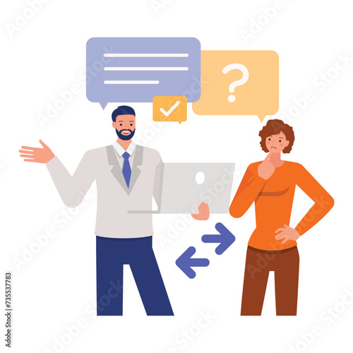 Business people response and discuss illustration concept.  Office man and woman character vector design. 
