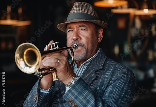 Man in Suit and Hat Playing Trumpet