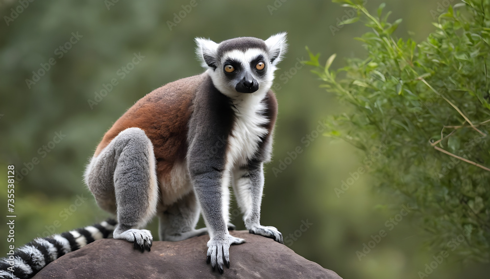 Fototapeta premium A formidable Lemur standing on a rock surrounded by trees and vegetation. Splendid nature concept.