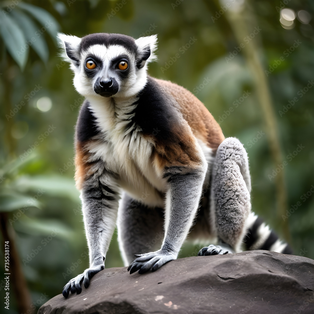 Obraz premium A formidable Lemur standing on a rock surrounded by trees and vegetation. Splendid nature concept.