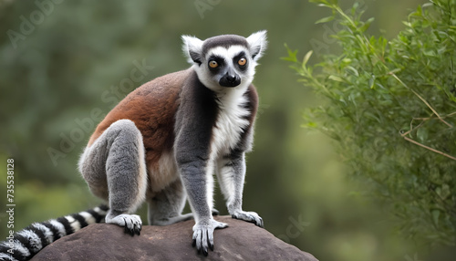 A formidable Lemur standing on a rock surrounded by trees and vegetation. Splendid nature concept.