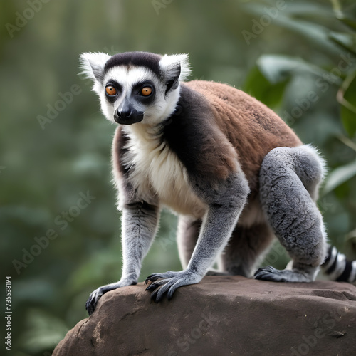 A formidable Lemur standing on a rock surrounded by trees and vegetation. Splendid nature concept.