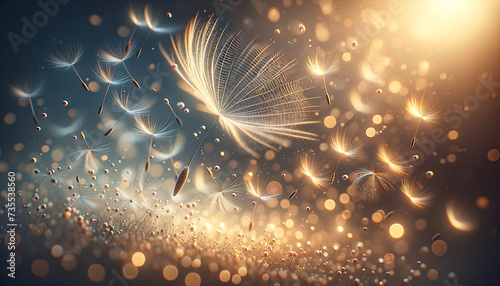 Golden-hued dandelion seed in mid-air with bokeh background