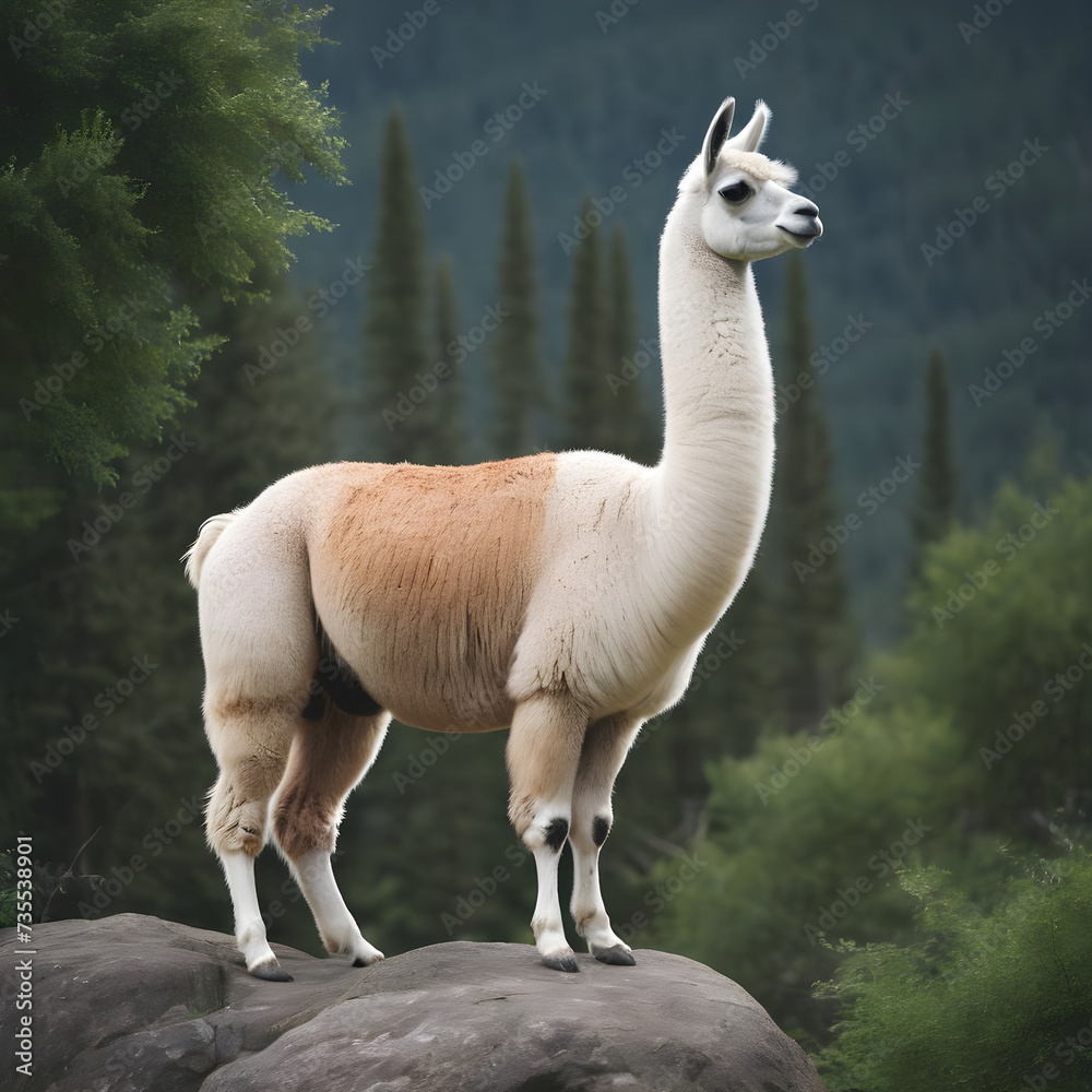 A formidable Llama standing on a rock surrounded by trees and vegetation. Splendid nature concept.