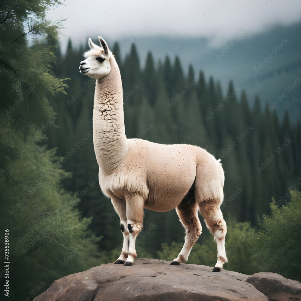 Fototapeta premium A formidable Llama standing on a rock surrounded by trees and vegetation. Splendid nature concept.