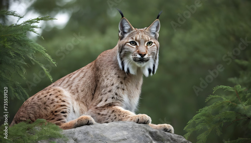 A formidable Lynx standing on a rock surrounded by trees and vegetation. Splendid nature concept. © Antonio Giordano