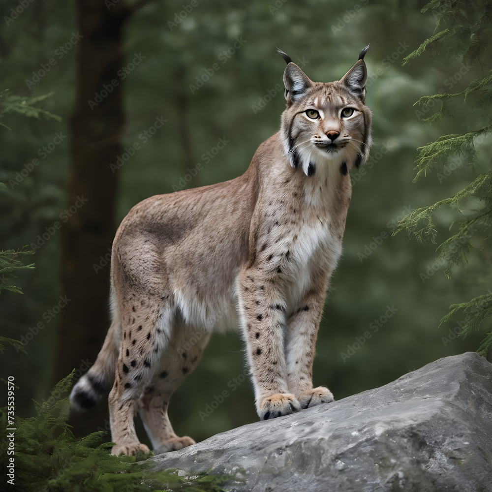 A formidable Lynx standing on a rock surrounded by trees and vegetation. Splendid nature concept. A formidable Lynx standing on a rock surrounded by trees and vegetation. Splendid nature concept.