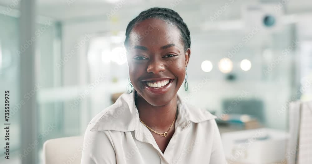 Business, face and black woman laughing on computer in office for crm, faq and schedule planning. Happy, portrait or Africa manager online with pc for client communication, consulting or networking