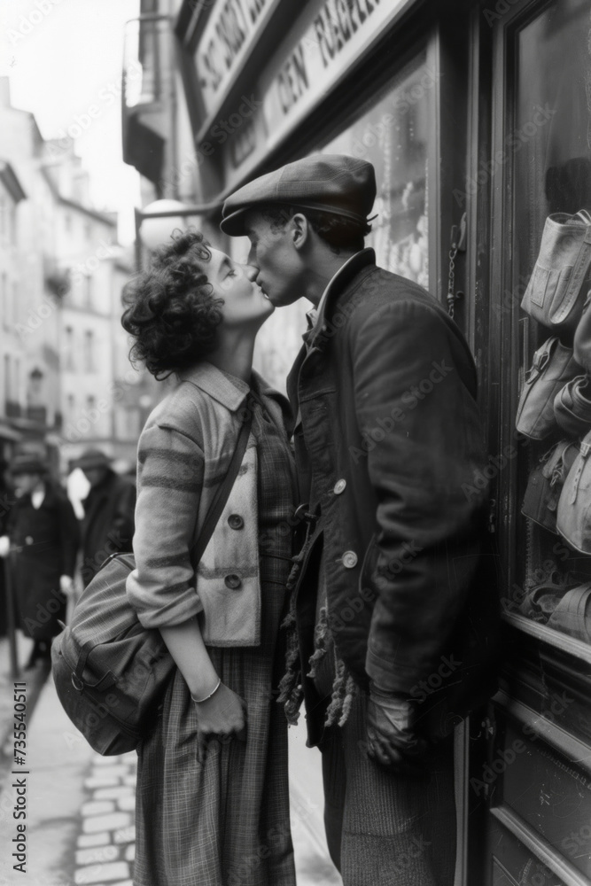 Street photography of two street workers kissing in love, 1930, French village
