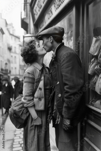 Street photography of two street workers kissing in love, 1930, French village