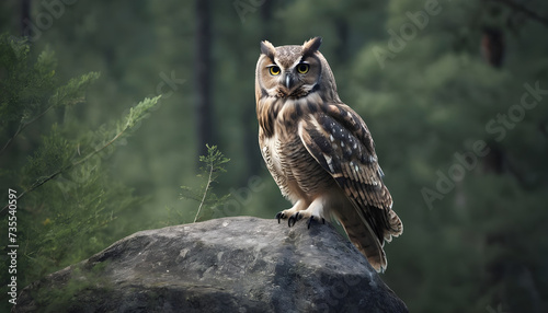 A formidable Owl standing on a rock surrounded by trees and vegetation. Splendid nature concept.