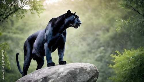 A formidable Panther standing on a rock surrounded by trees and vegetation. Splendid nature concept.