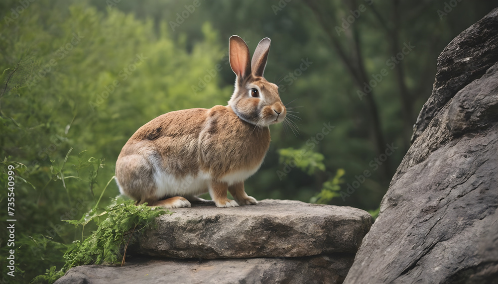 Fototapeta premium A formidable Rabbit standing on a rock surrounded by trees and vegetation. Splendid nature concept.