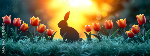 Cute rabbit with tulip flowers. Bunny on spring sunny field. Papercut, quilling style. Modern concept. Happy Easter banner, greeting card, invitation with copy space #735541302