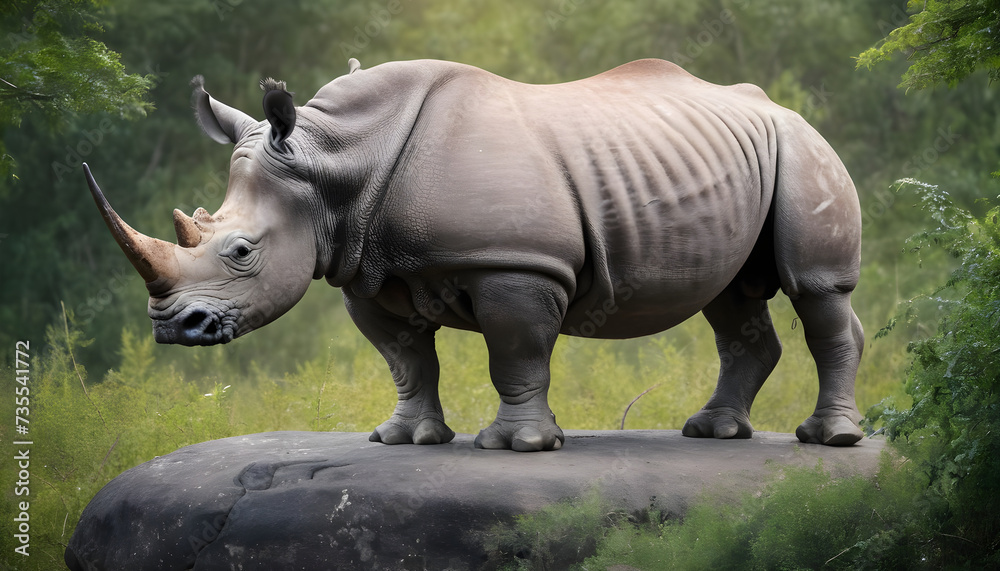Fototapeta premium A formidable Rhinoceros standing on a rock surrounded by trees and vegetation. Splendid nature concept.