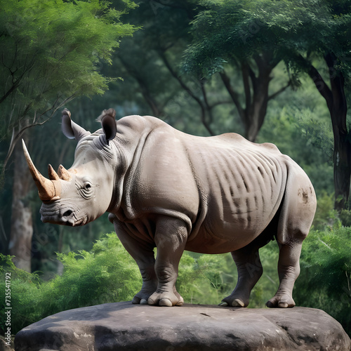 A formidable Rhinoceros standing on a rock surrounded by trees and vegetation. Splendid nature concept.