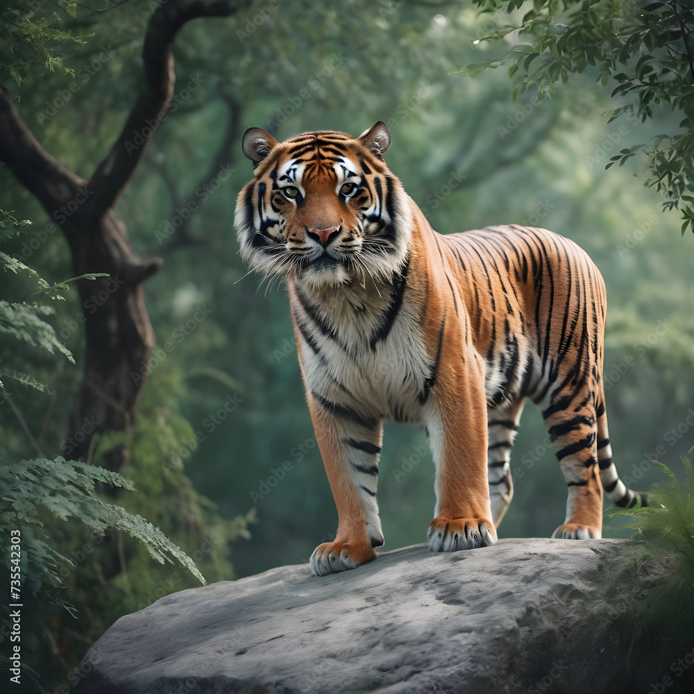 Obraz premium A formidable tiger standing on a rock surrounded by trees and vegetation. Splendid nature concept.