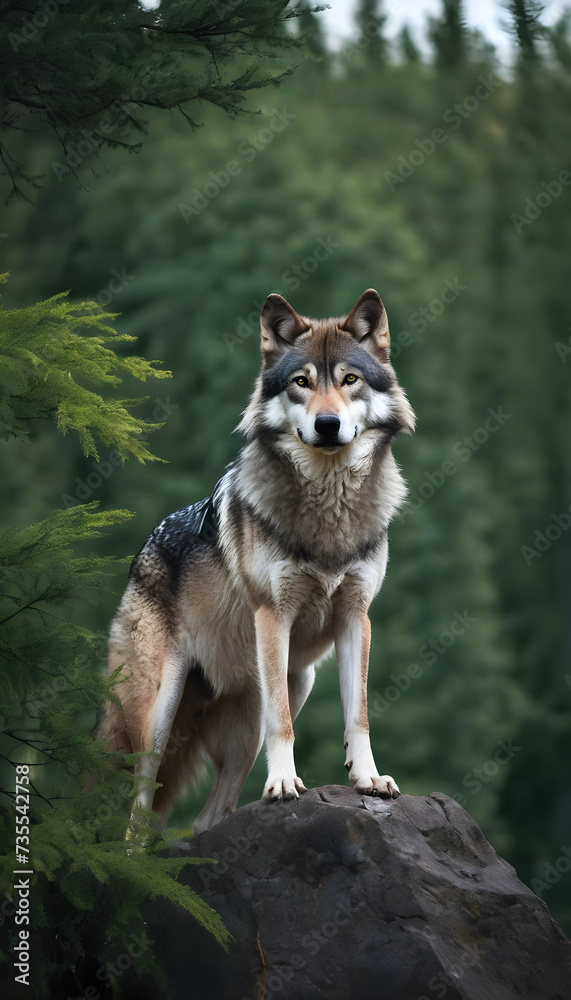 A formidable Wolf standing on a rock surrounded by trees and vegetation. Splendid nature concept.