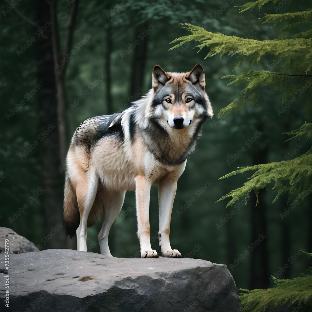 Fototapeta premium A formidable Wolf standing on a rock surrounded by trees and vegetation. Splendid nature concept.