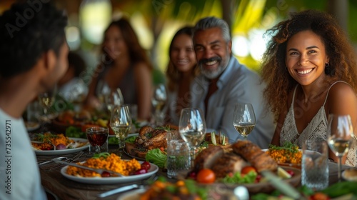 A family eating a special dinner together for a holiday or celebration party. 